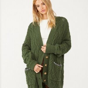 Free People Oversized Cable Knot Green Knit Cardigan